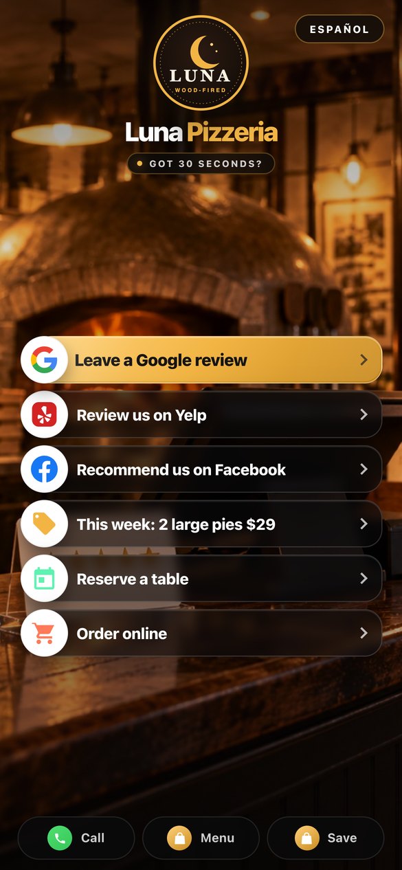 Sample review page for a made-up pizzeria, in English